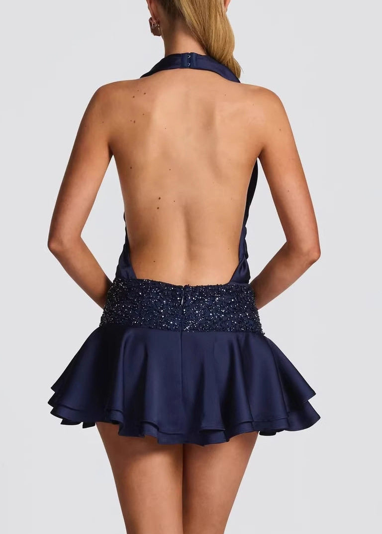 Bohemian Blue V Neck Halter Sequins Mini Dresses Summer