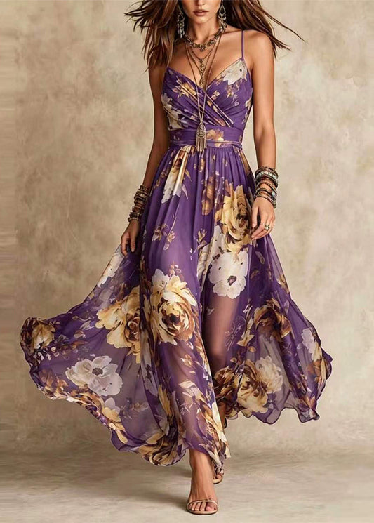 Bohemian Blue V Neck Print Chiffon Spaghetti Strap Dress Summer
