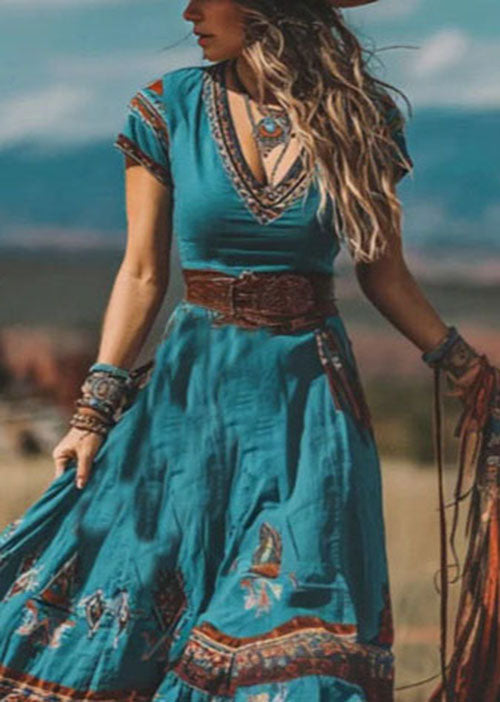 Bohemian Blue V Neck Print Patchwork Cotton Dress Summer