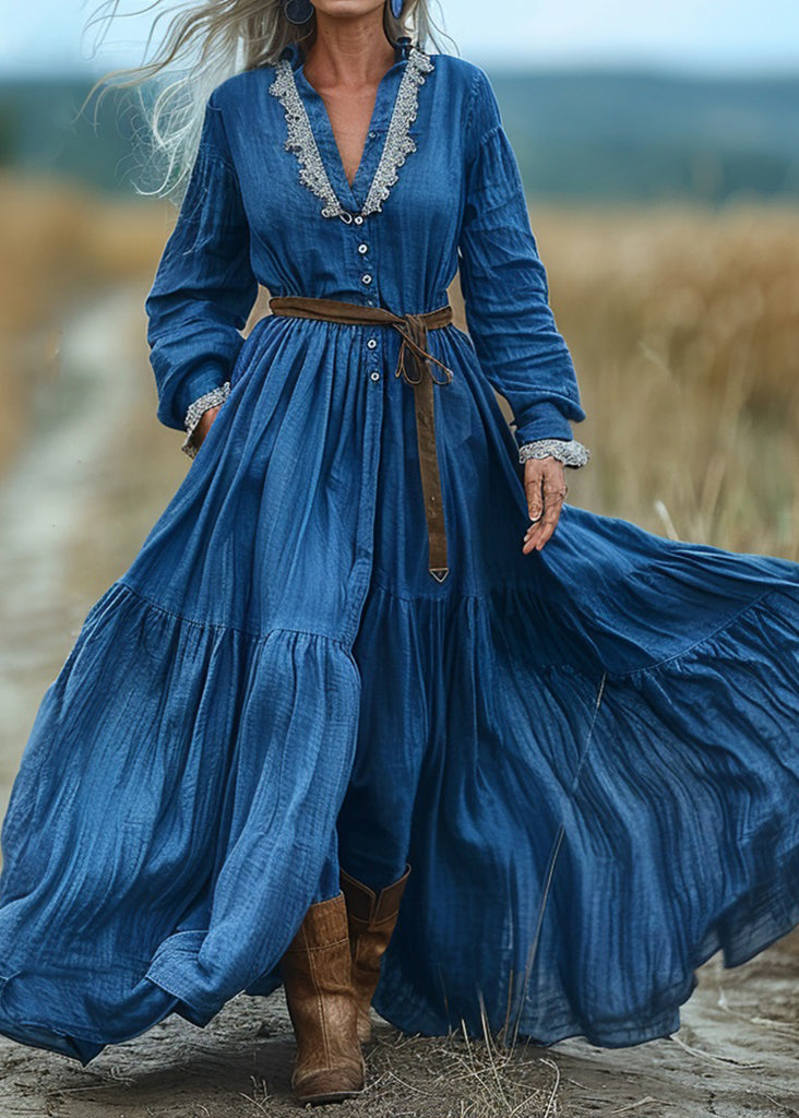 Bohemian Blue V Neck Wrinkled Patchwork Cotton Long Dresses Spring