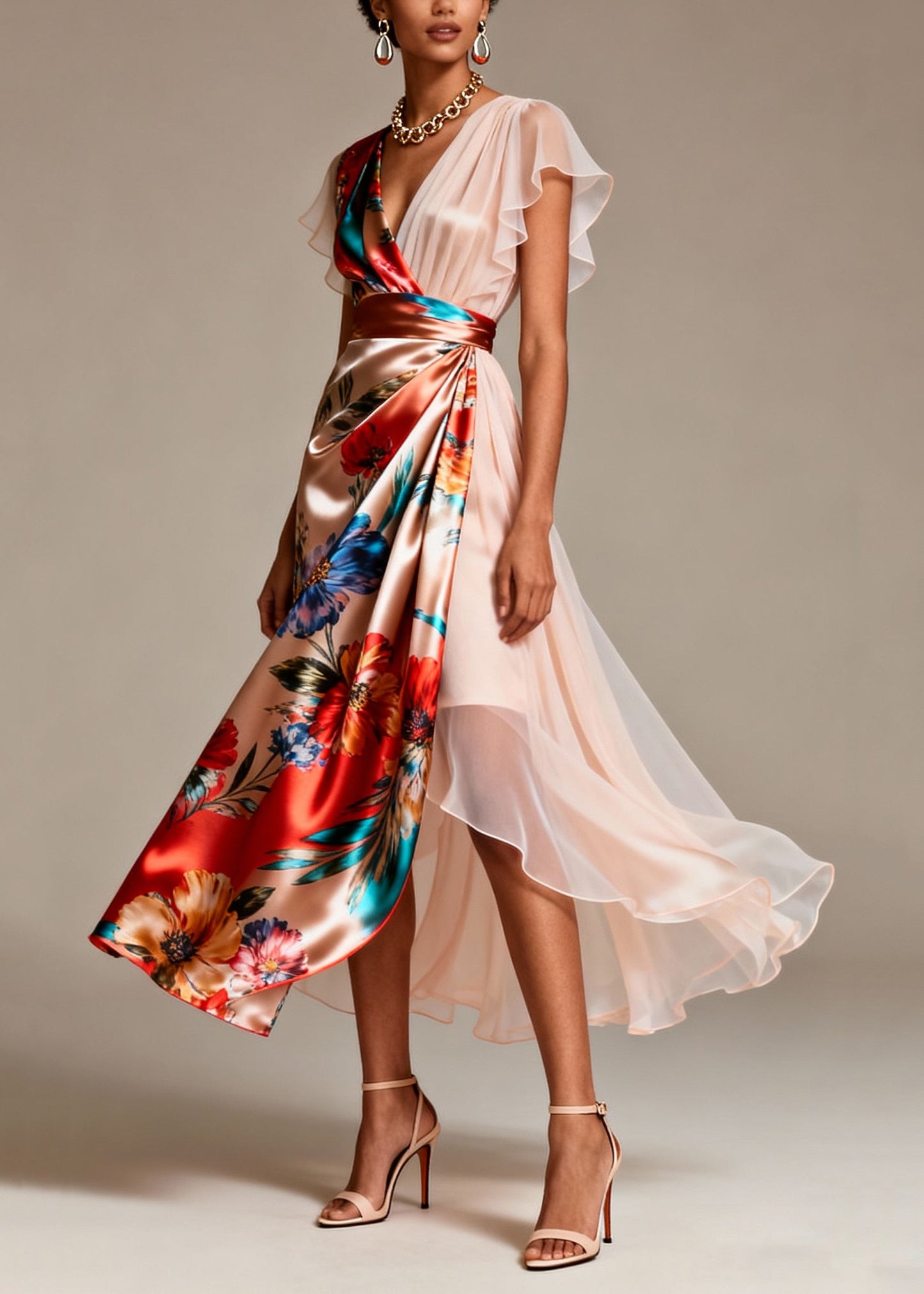 Bohemian Champagne Asymmetrical Print Silk Evening Dress Butterfly Sleeve
