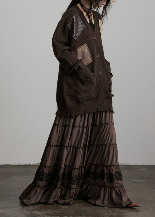 Bohemian Chocolate Oversized Patchwork Applique Knit Cardigan Winter