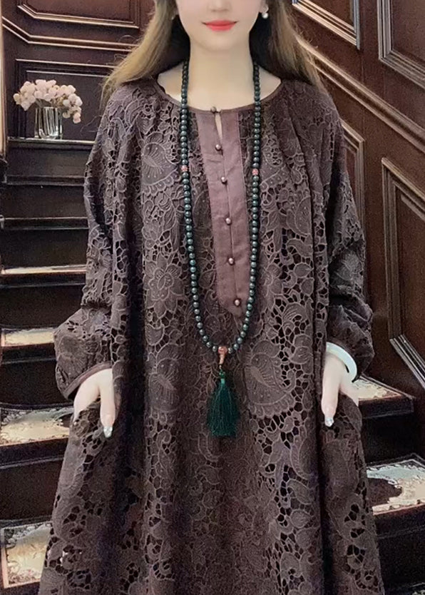 Bohemian Coffee O-Neck Hollow Out Lace Maxi Dress Long Sleeve