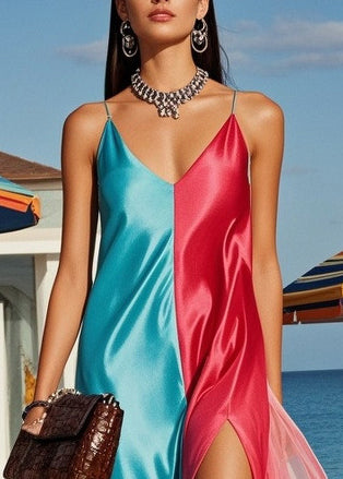 Bohemian Colorblock Asymmetrical Patchwork Side Open Silk Vacation Dresses Summer