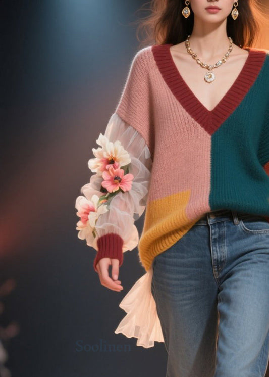 Bohemian Colorblock V Neck Floral Knit Short Sweater Fall