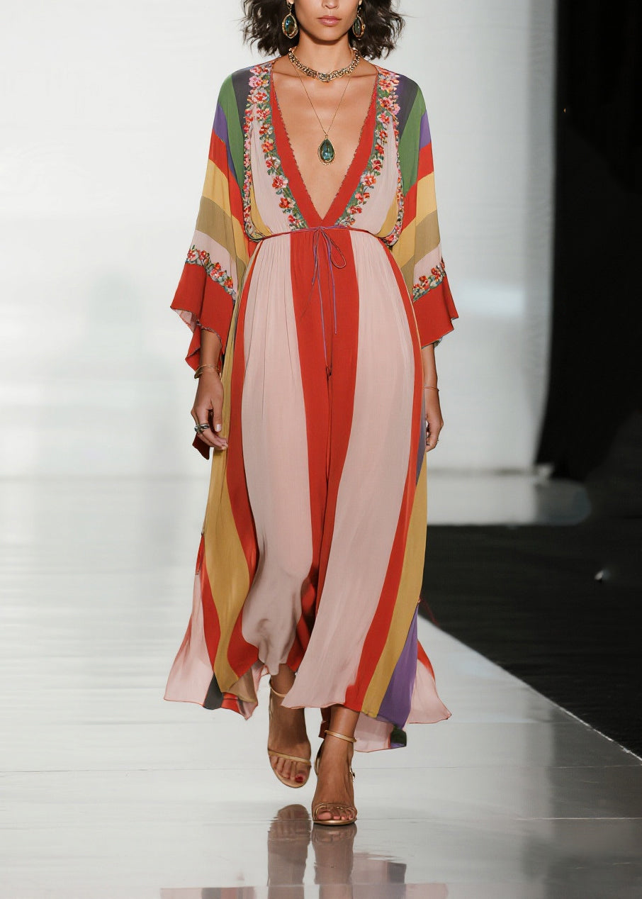 Bohemian Colorblock V Neck Print Chiffon Holiday Dress Summer