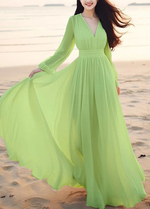 Bohemian Cyan V Neck Tunic Solid Chiffon Maxi Dresses Lantern Sleeve
