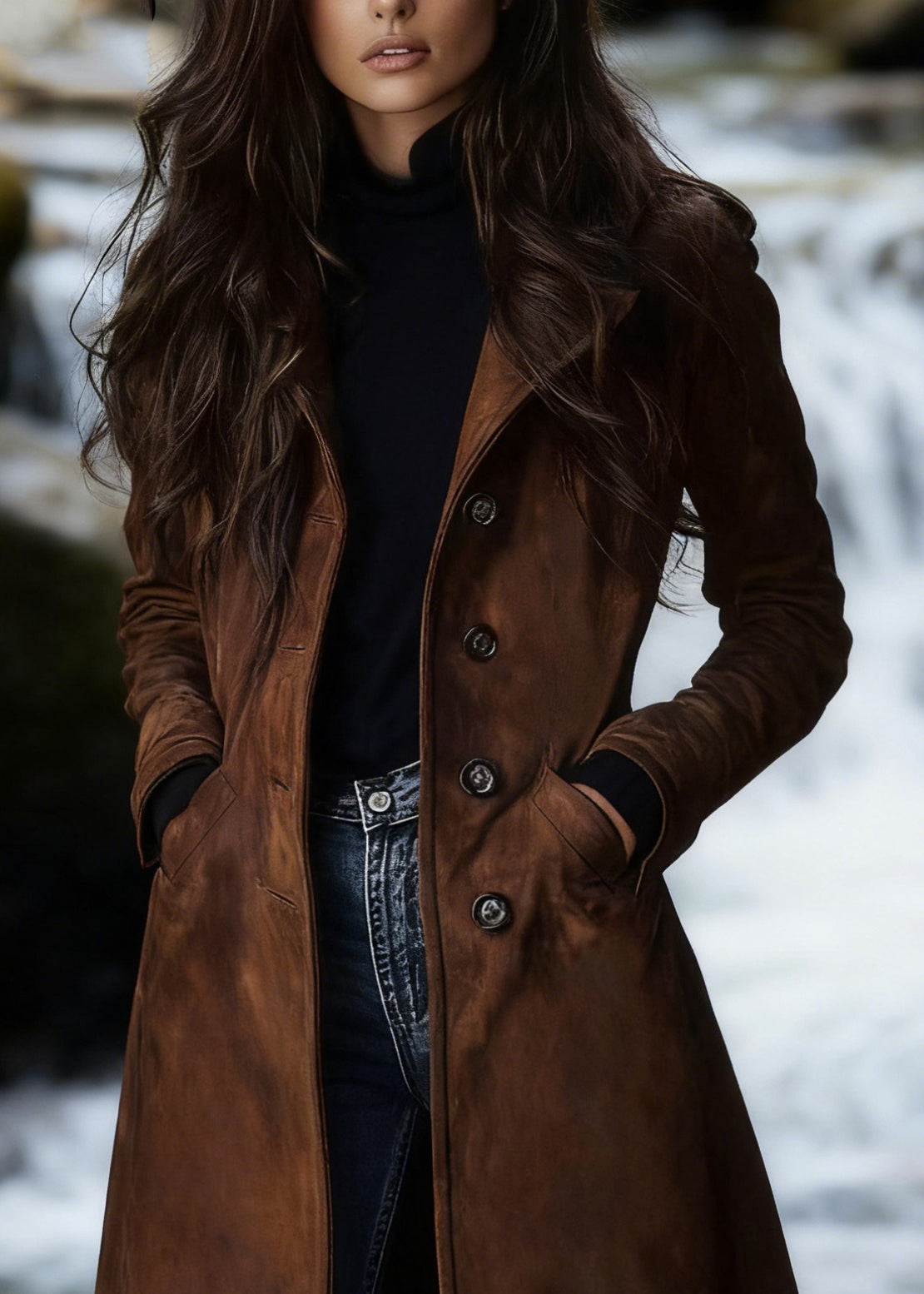 Bohemian Dark Brown Peter Pan Collar Pockets Faux Suede Coat Spring