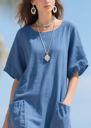 Bohemian Denim Blue Pockets Patchwork Tulle Cotton Long Dress Summer