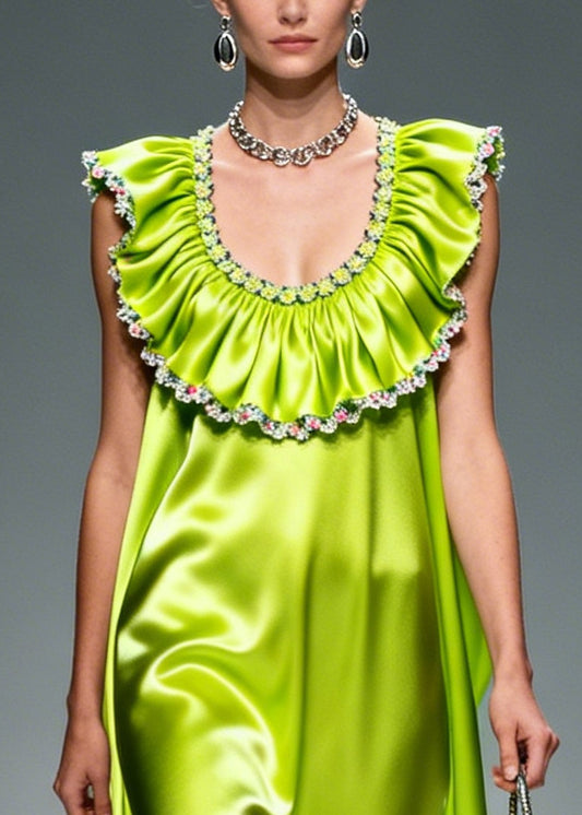 Bohemian Fluorescent Green Ruffled Exra Large Hem Silk Maxi Dresses Sleeveless