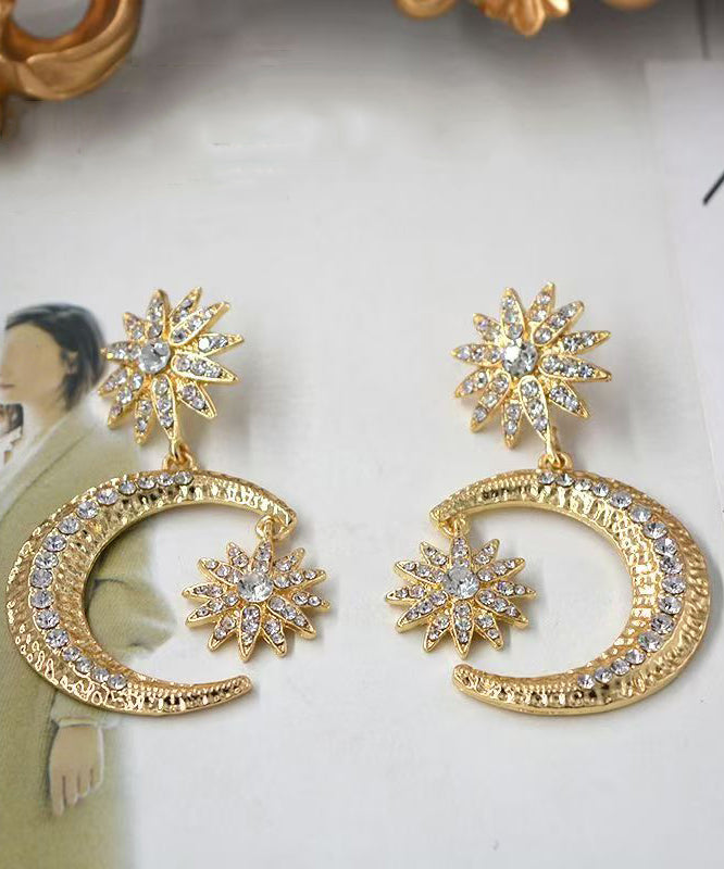 Bohemian Gold Metal Overgild Zircon Star Moon Drop Earrings