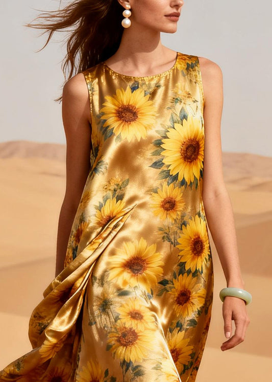 Bohemian Golden Daisy Patchwork Silk Vacation Dresses Summer