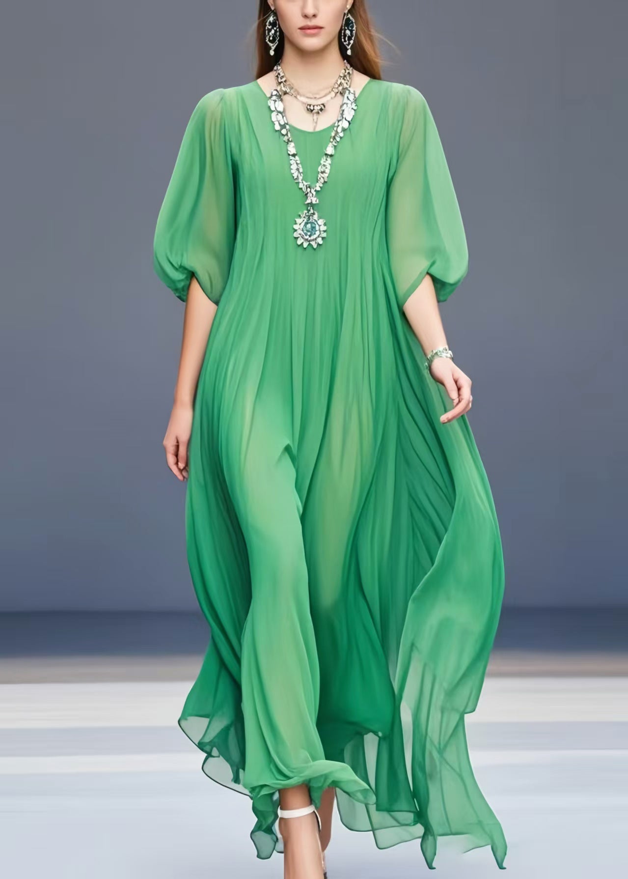 Bohemian Grass Green Oversized Draping Chiffon Dress Summer