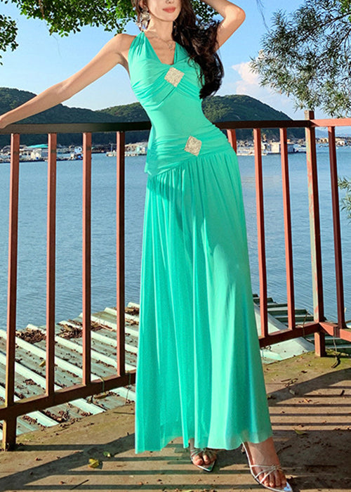 Bohemian Green Lace Up Cotton Long Dress Sleeveless