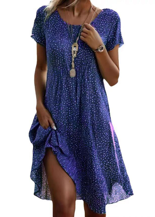 Bohemian Green O Neck Print Cotton Dress Short Sleeve