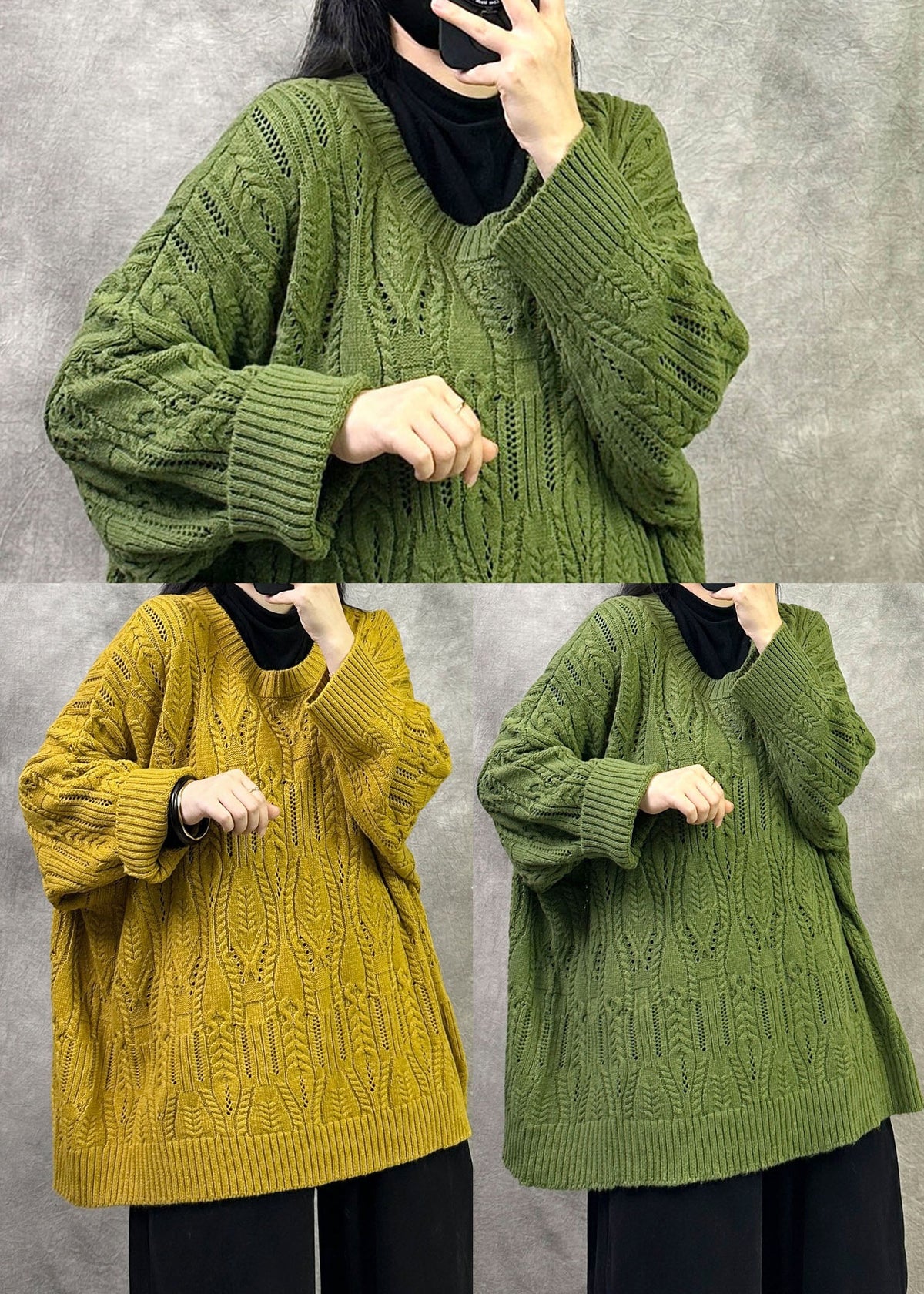 Bohemian Green Oversized O-Neck Knitted Tops Winter