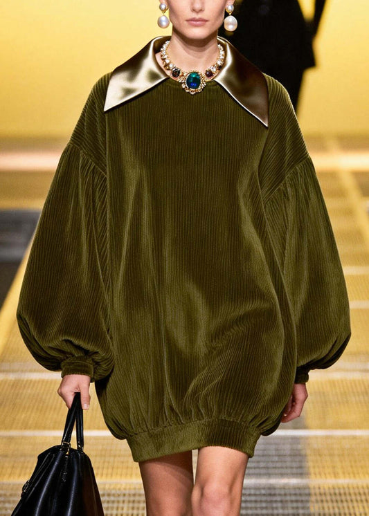 Bohemian Green Oversized Patchwork Corduroy Mini Dresses Fall