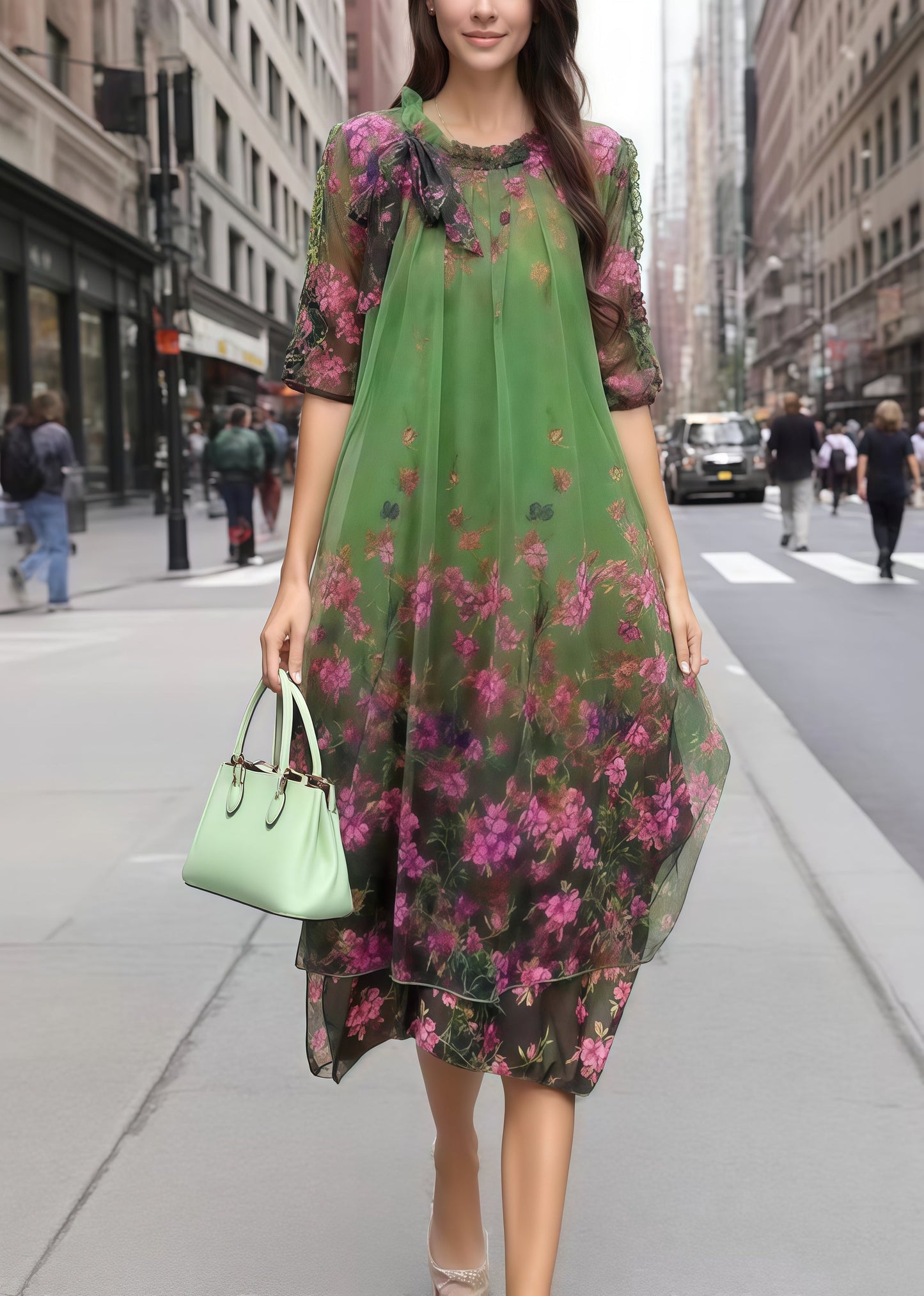 Bohemian Green Print Chiffon Vacation Dress Half Sleeve