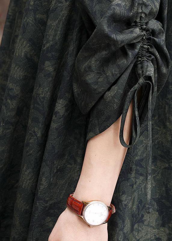 Bohemian Green Print O Neck Asymmetric Robes Dresses - SooLinen