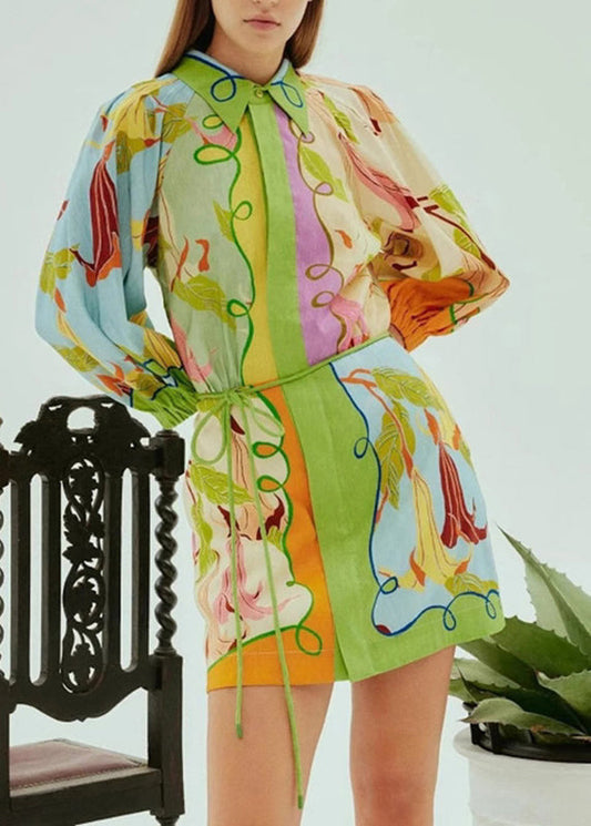 Bohemian Green Print Tie Waist Mid Dress Short Sleeve