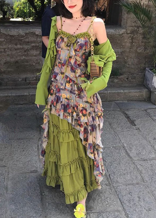 Bohemian Green Ruffled Print Cardigans ,Vest And Maxi Skirts Three Piece Set Long Sleeve