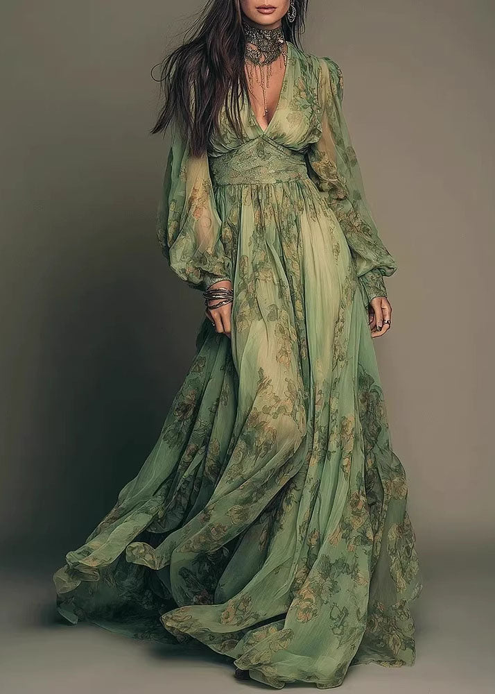 Bohemian Green V Neck Print Chiffon Long Dress Summer