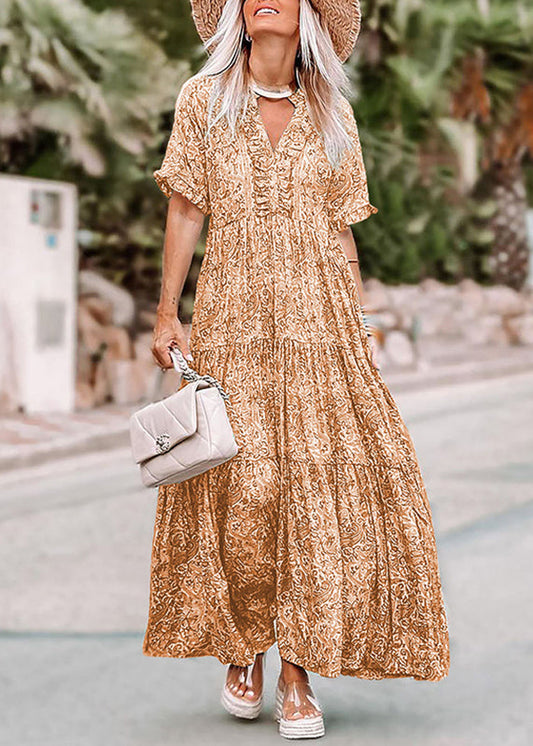 Bohemian Green V Neck Print Long Dress Short Sleev