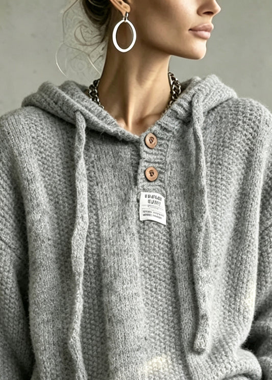 Bohemian Grey Hooded Oversized Knit Sweater Winter