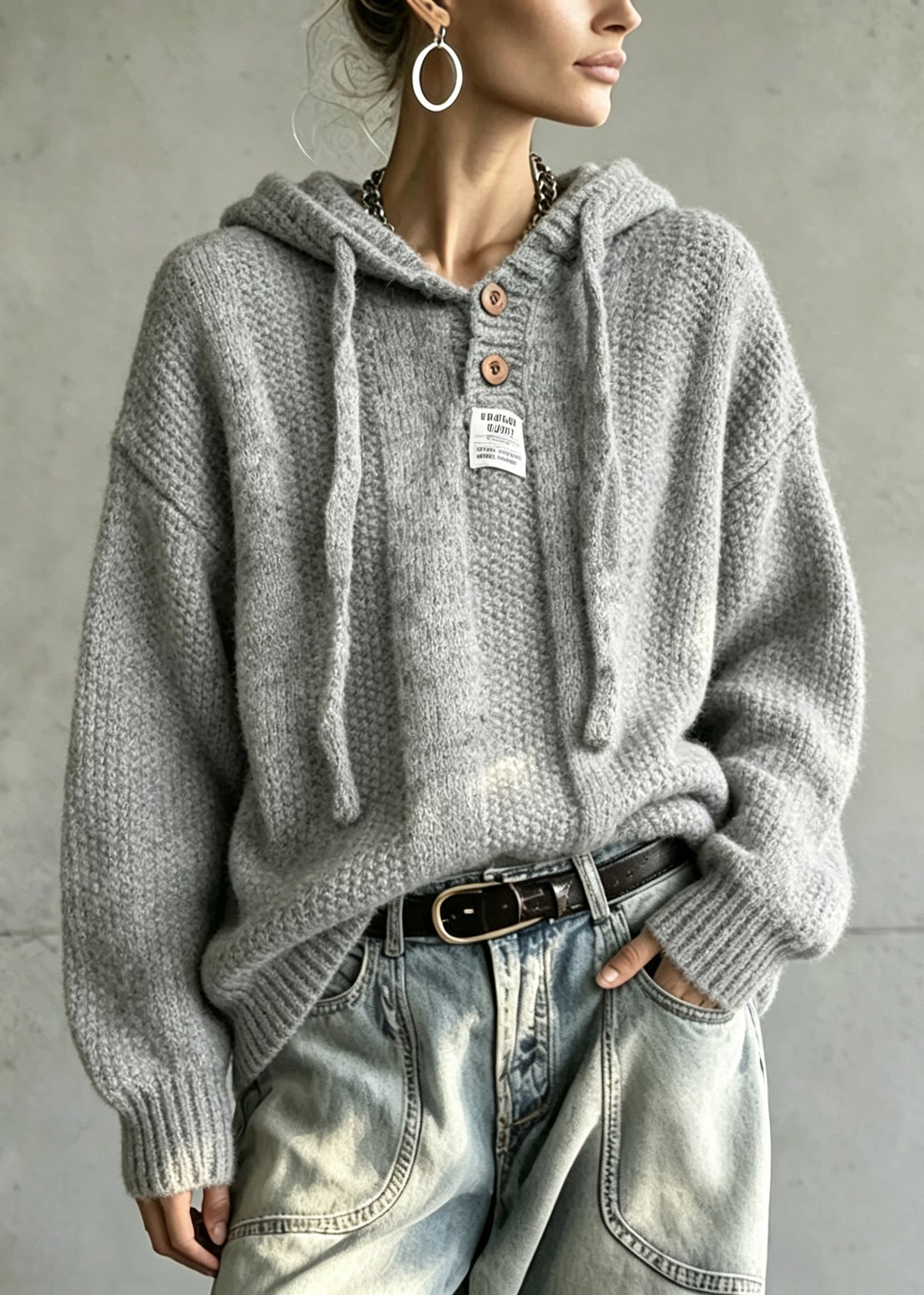 Bohemian Grey Hooded Oversized Knit Sweater Winter