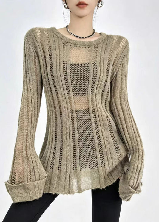Bohemian Khaki O-Neck Hollow Out Knitted Tops Fall