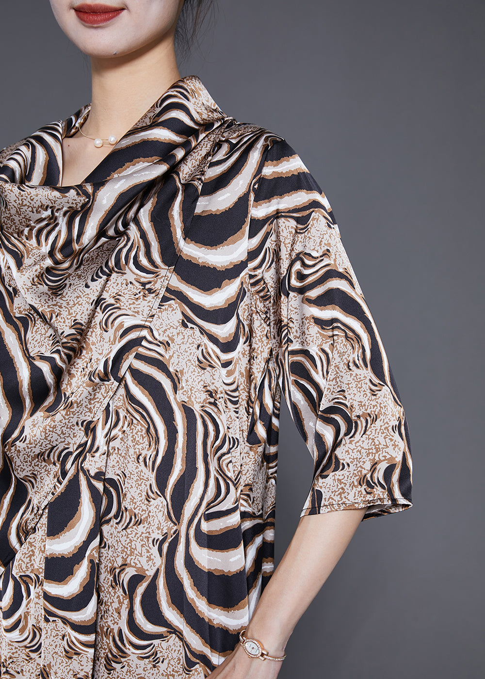 Bohemian Khaki Turtle Neck Print Chiffon Long Dress Summer