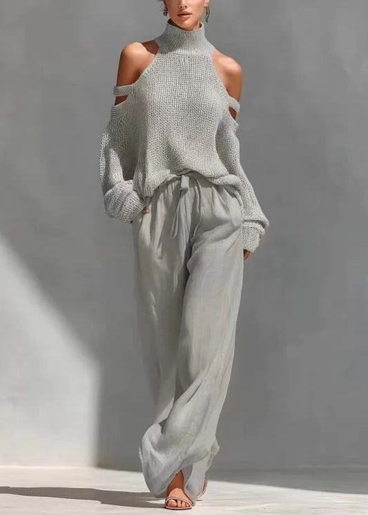 Bohemian Khaki Turtleneck Cold Shoulder Top And Wide Leg Pants Two Pieces Set Summer