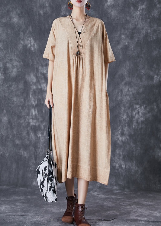 Bohemian Khaki V Neck Pockets Linen Long Dress Summer