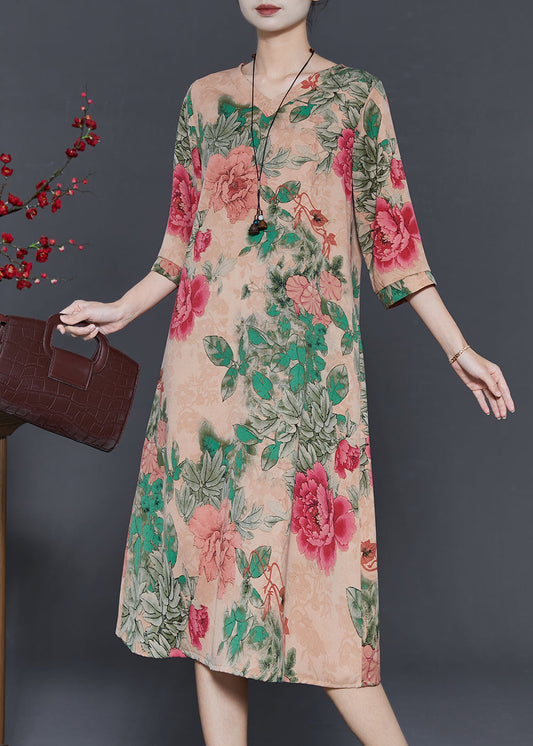 Bohemian Khaki V Neck Print Chiffon Long Dresses Half Sleeve