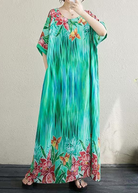 Bohemian Lake Green Oversized Print Cotton Vacation Dress Summer