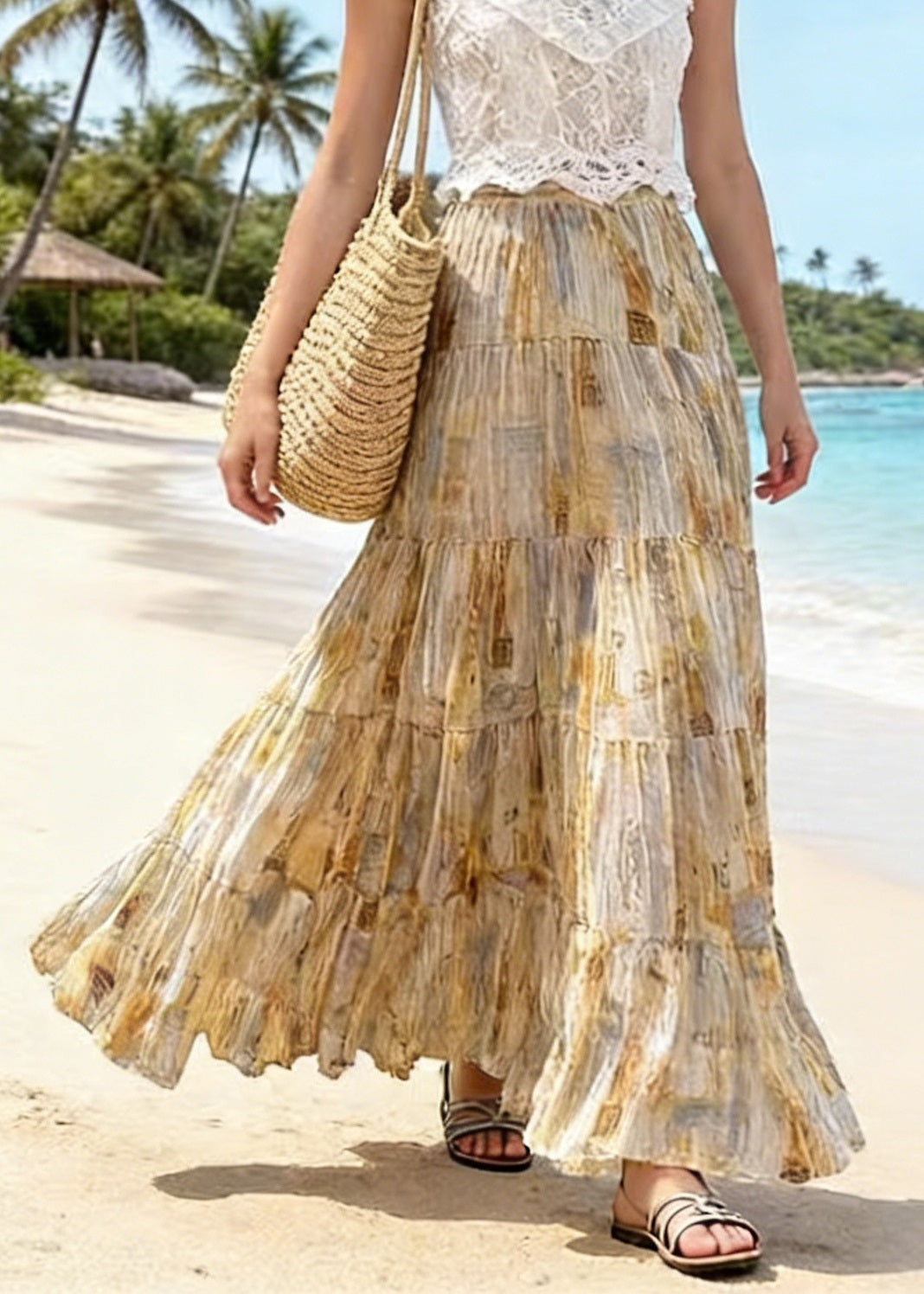Bohemian Light Yellow Wrinkled Print Patchwork Chiffon Skirts Summer