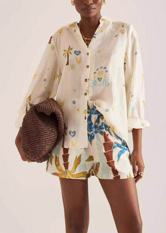 Bohemian Multicolor Peter Pan Collar Print Shirts And Shorts Two Pieces Set Spring