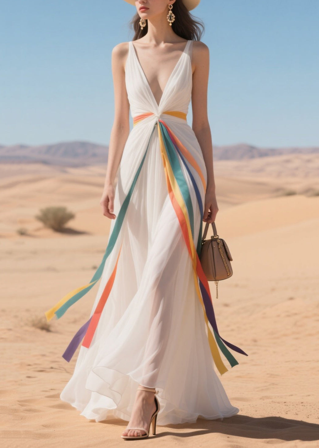 Bohemian Multicolour Ribbon Exra Large Hem Tulle Vacation Dresses Summer