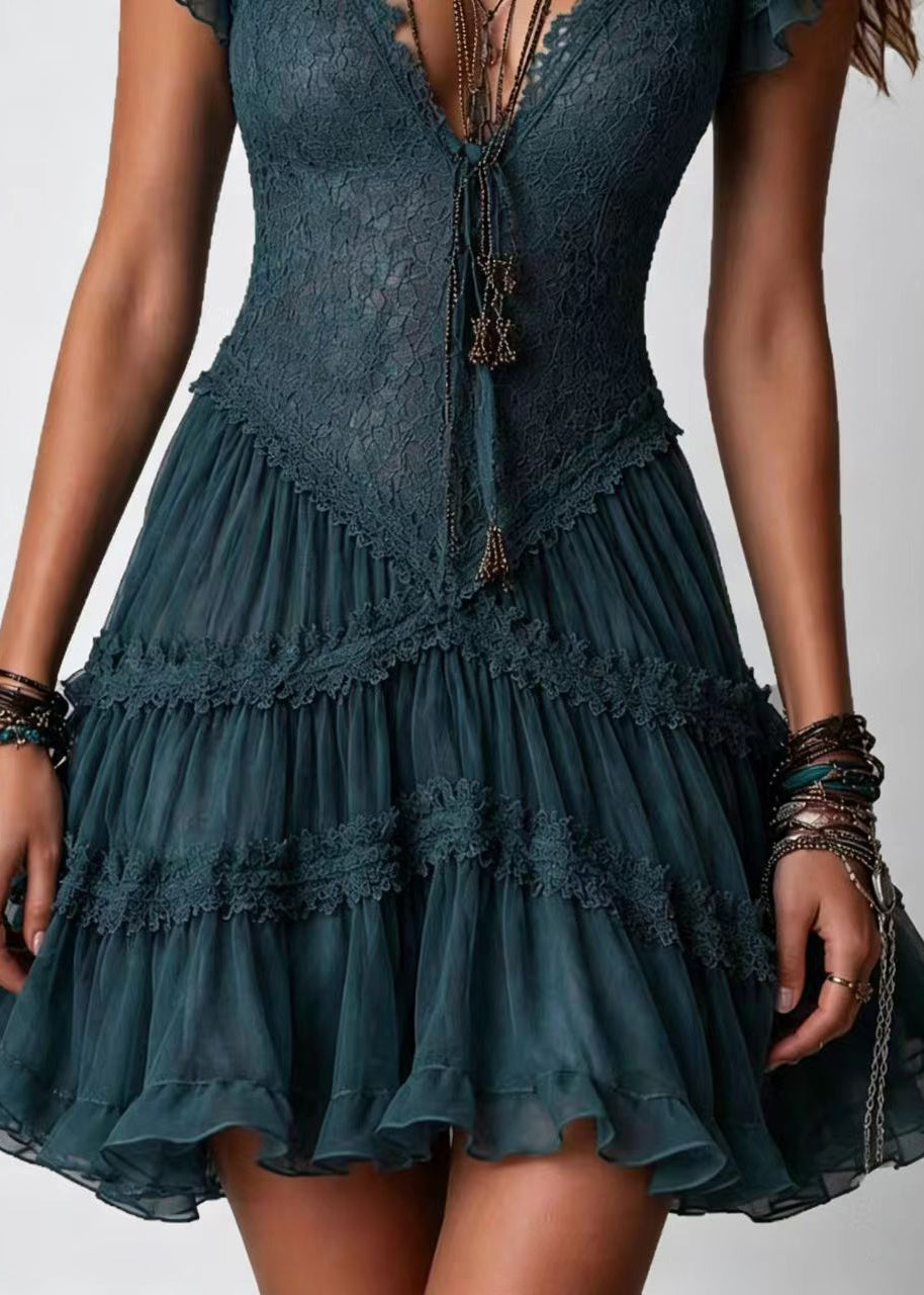 Bohemian Navy Blue Deep V Neck Lace Layered Tulle Mini Dresses Summer