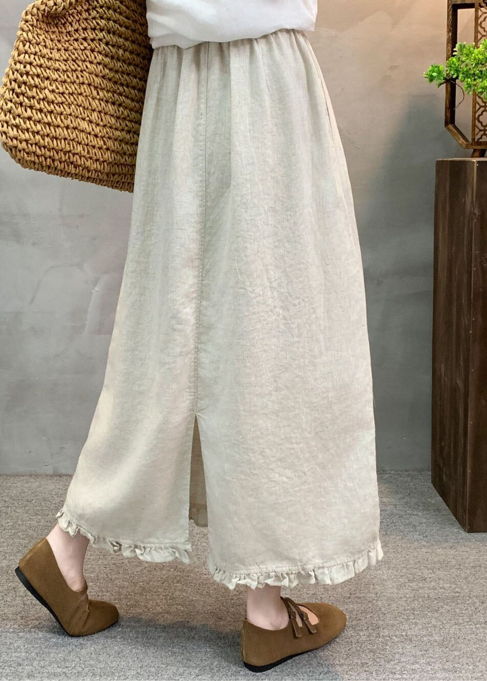 Bohemian Navy Ruffled Patchwork Elastic Waist Linen Skirt Summer