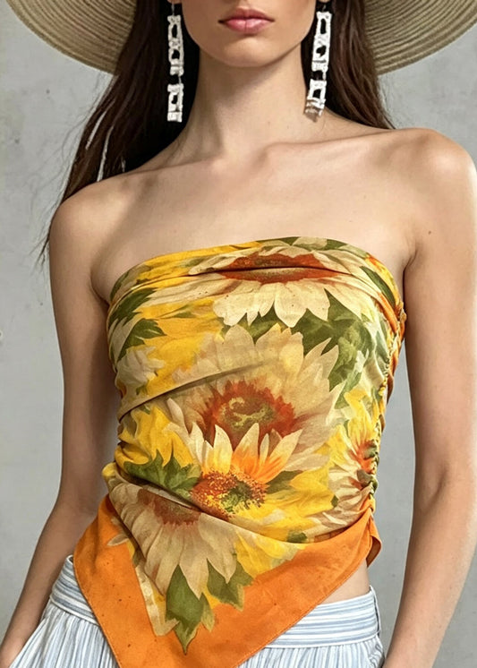 Bohemian Orange Cold Shoulder Print Vest Sleeveless