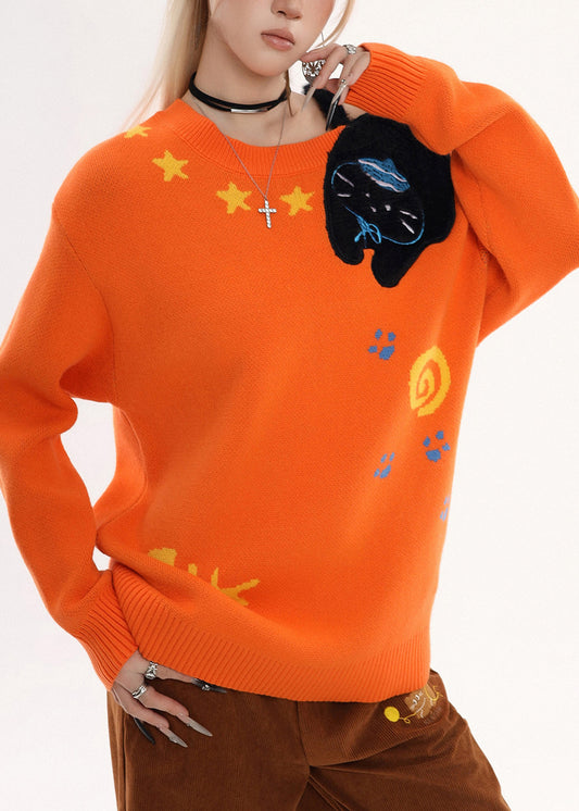 Bohemian Orange Embroidered Cold Shoulder Knit Sweater Winter