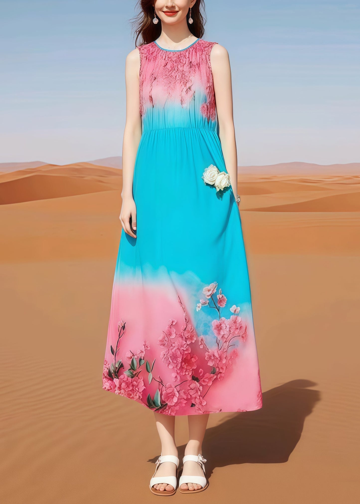 Bohemian Oversized Print Cotton Holiday Dress Sleeveless