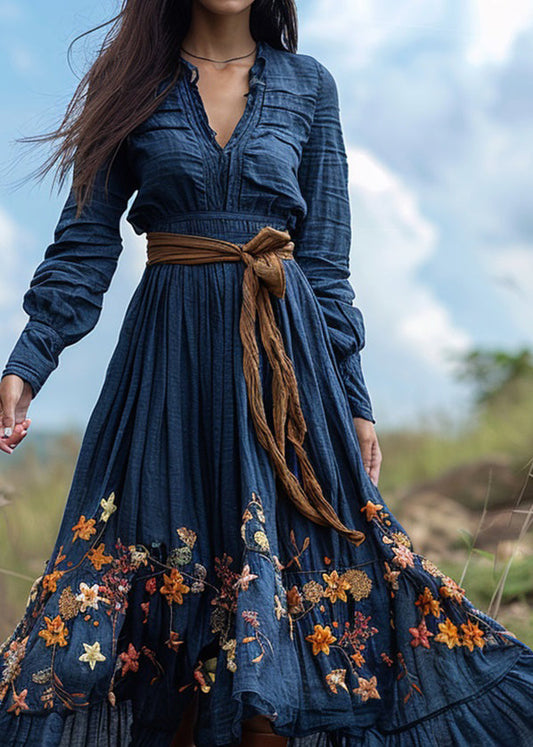 Bohemian Pastoral Blue Print Wrinkled Patchwork Cotton Ankle Dress Spring