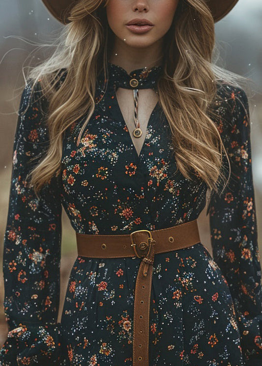 Bohemian Pastoral Style V Neck Print Cotton Short Dress Spring