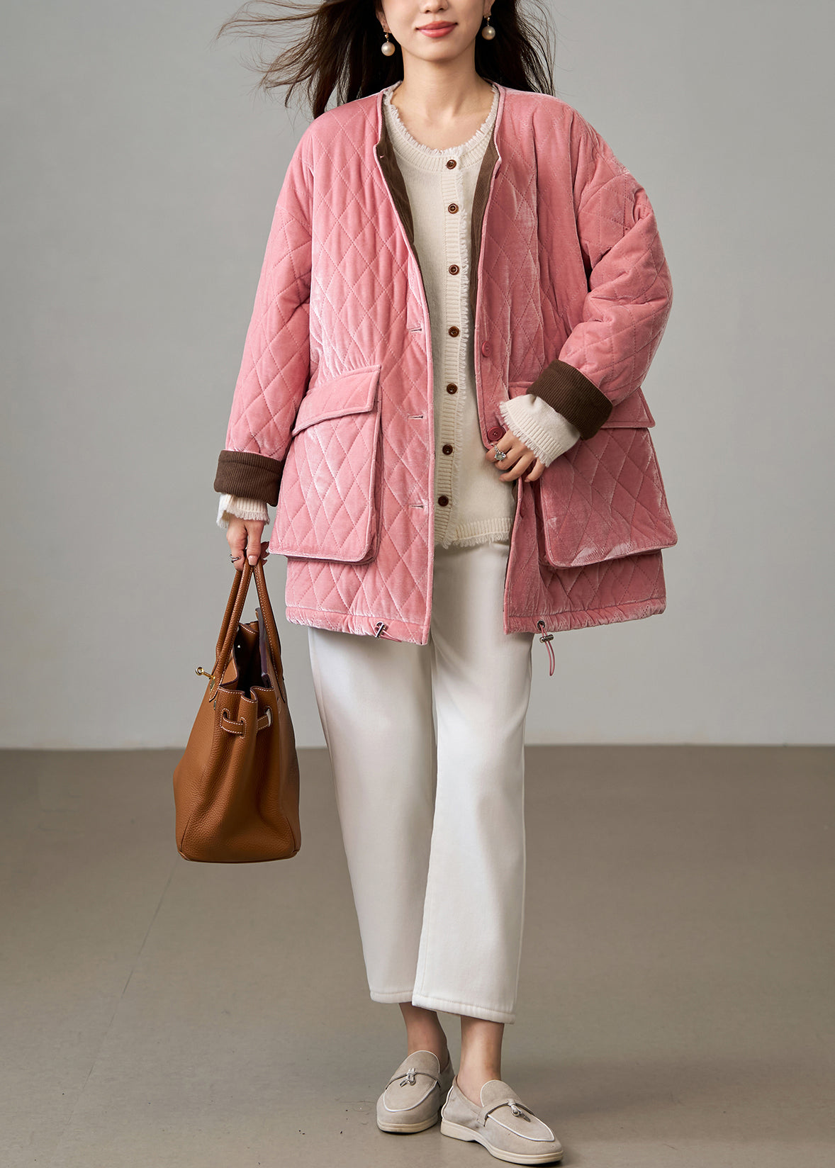 Bohemian Pink Plaid Fine Cotton Filled Silk Velvet Jackets Winter