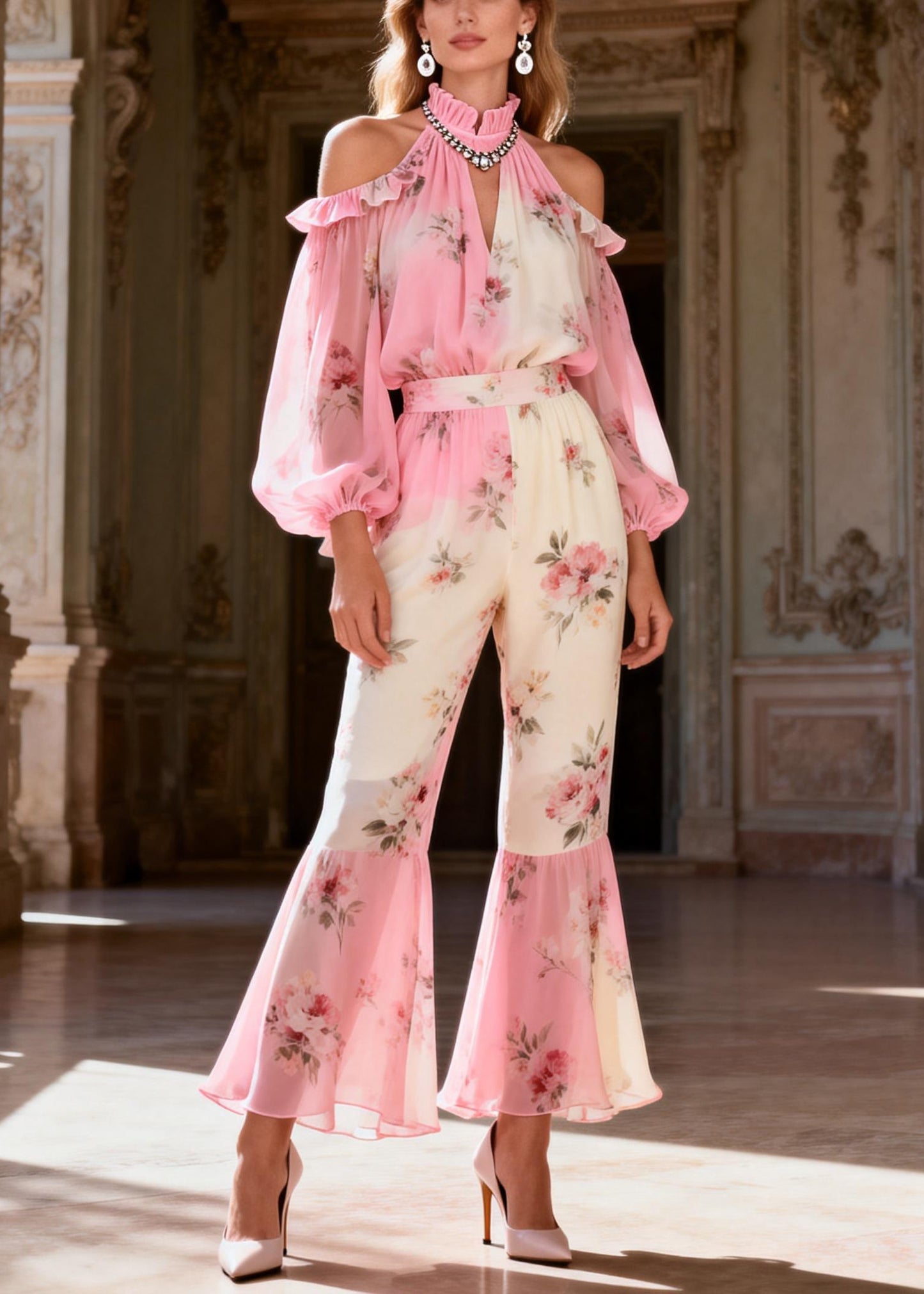 Bohemian Pink Print Cold Shoulder Chiffon Shirts And Flared Trousers Two-Piece Set Spring