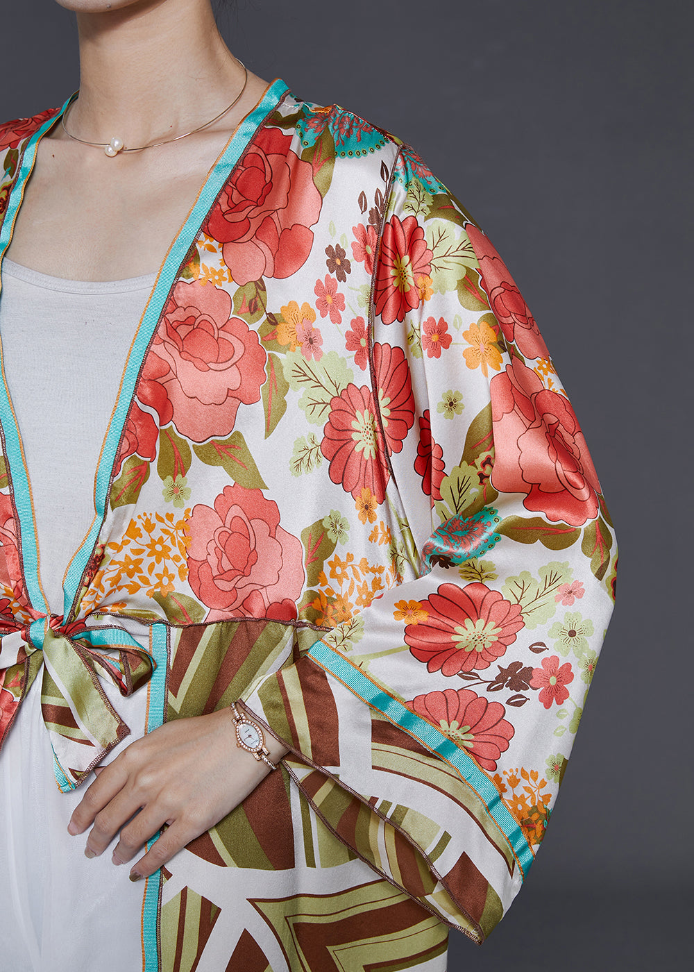 Bohemian Pink Print Lace Up Silk Cardigan Summer