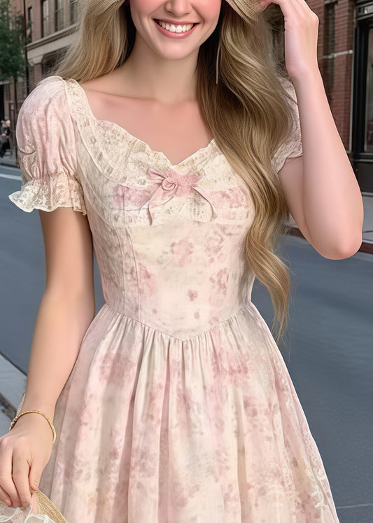 Bohemian Pink Puff Sleeve Patchwork Bow Party Dress Summer