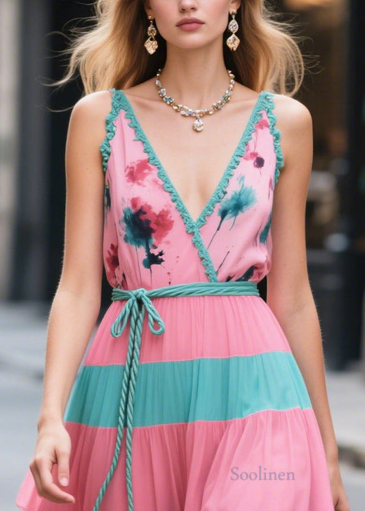 Bohemian Pink Tie Waist Patchwork Chiffon Long Dresses Summer